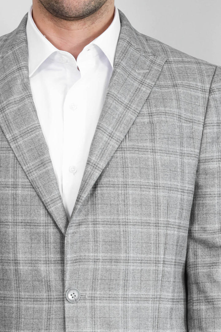 Slim Fit Sivri Yaka Ekose Açık Gri Erkek Ceket - Wessi