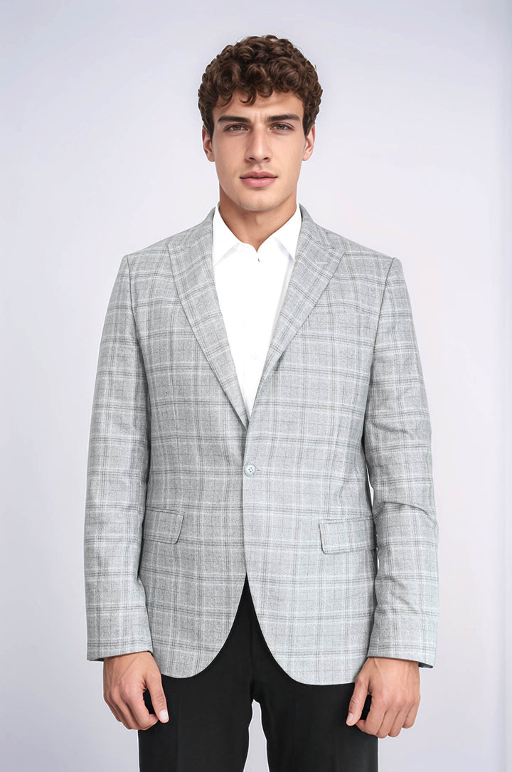 Slim Fit Sivri Yaka Ekose Açık Gri Erkek Ceket - Wessi