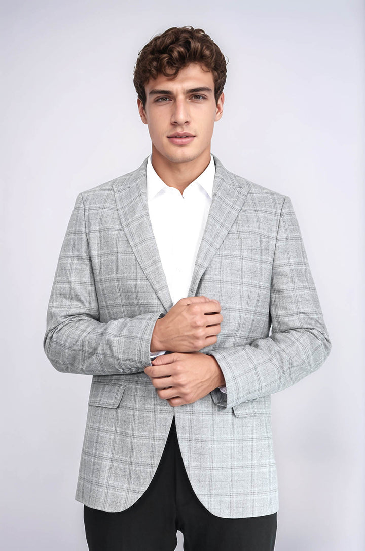 Slim Fit Sivri Yaka Ekose Açık Gri Erkek Ceket - Wessi
