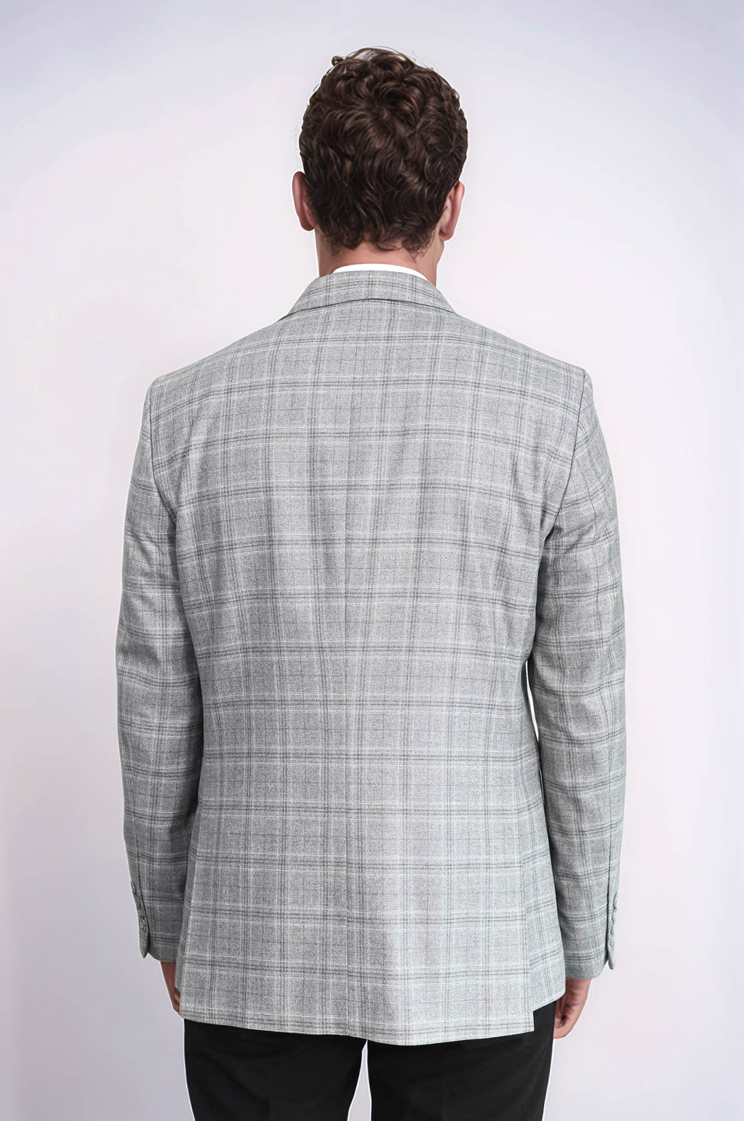 Slim Fit Sivri Yaka Ekose Açık Gri Erkek Ceket - Wessi