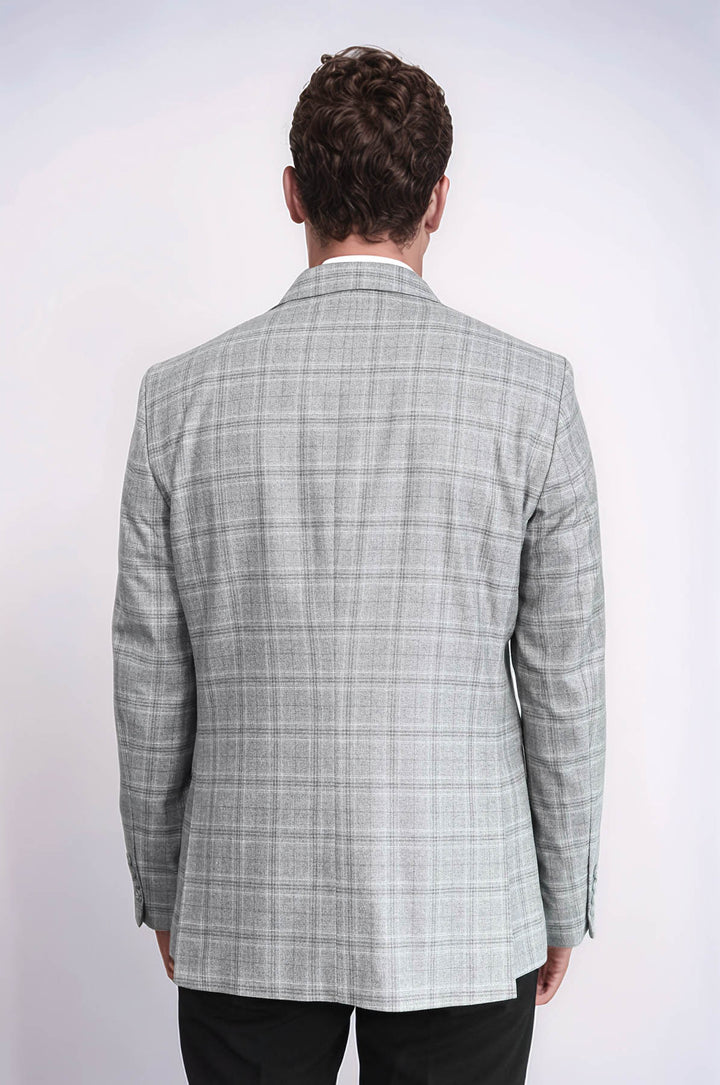 Slim Fit Sivri Yaka Ekose Açık Gri Erkek Ceket - Wessi