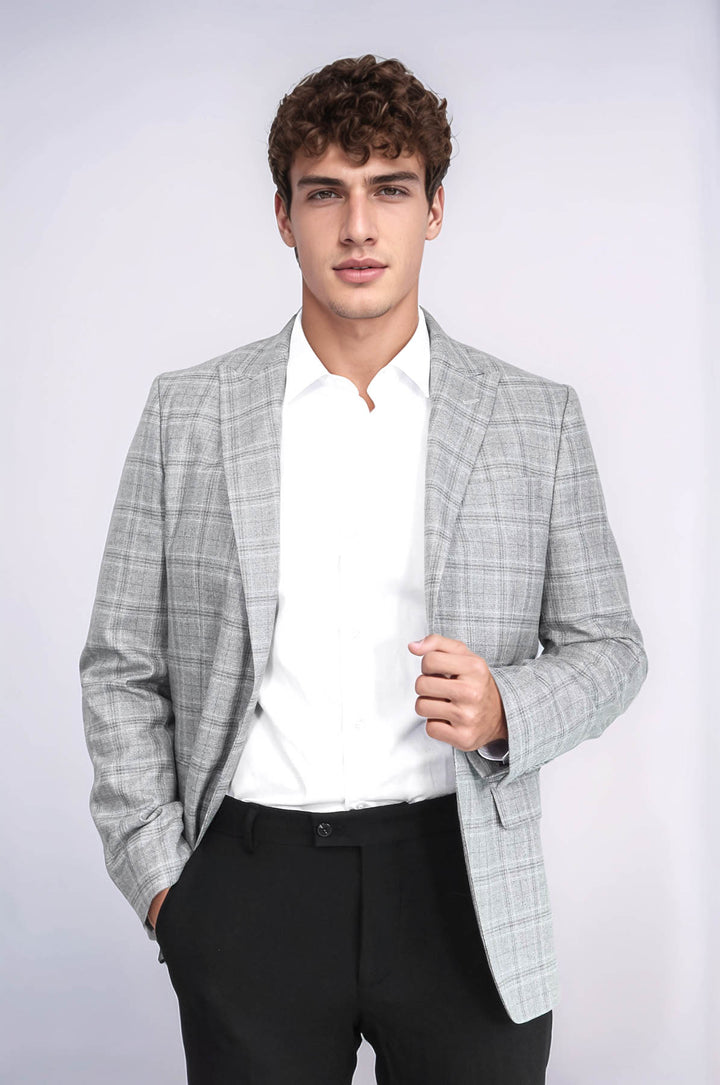 Slim Fit Sivri Yaka Ekose Açık Gri Erkek Ceket - Wessi
