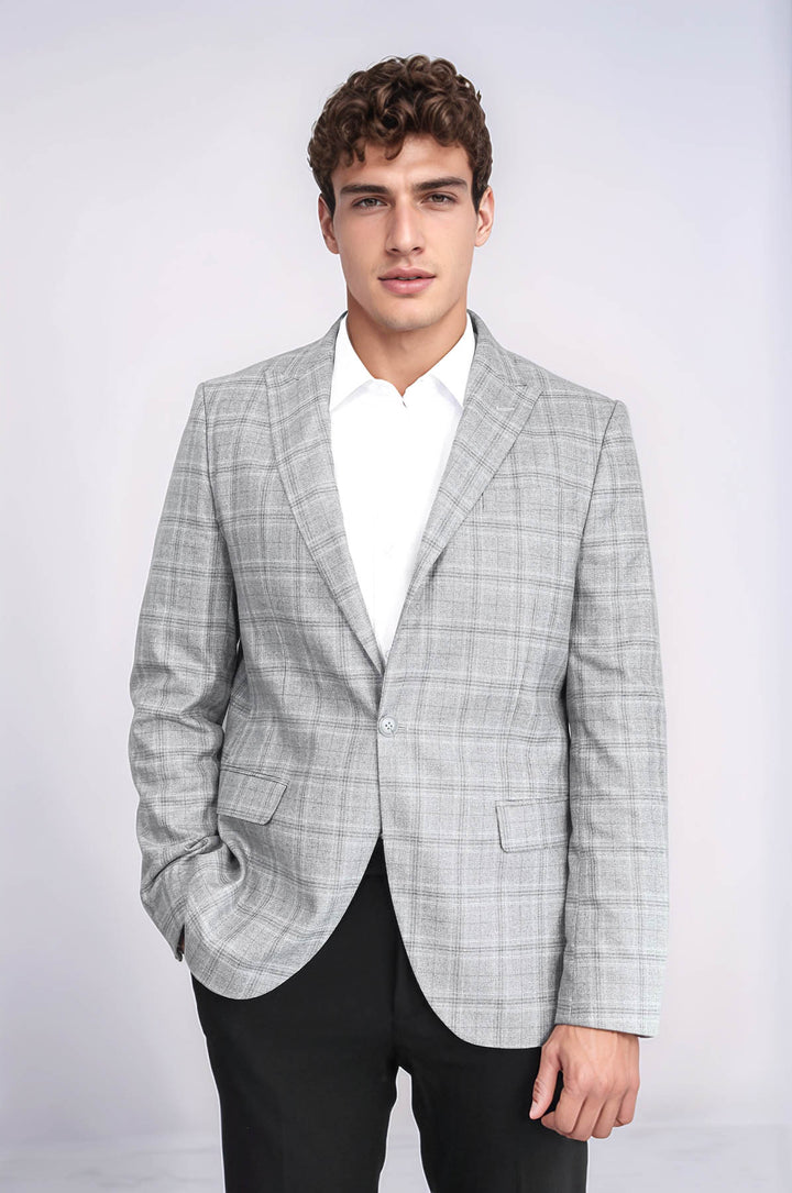 Slim Fit Sivri Yaka Ekose Açık Gri Erkek Ceket - Wessi