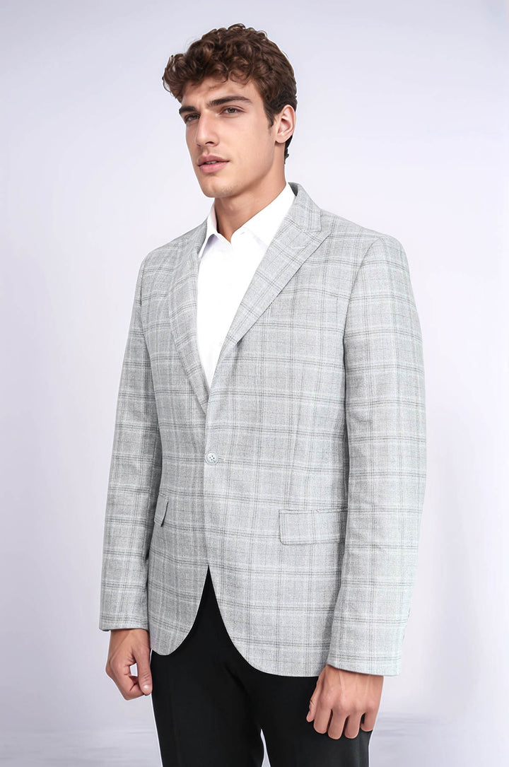 Slim Fit Sivri Yaka Ekose Açık Gri Erkek Ceket - Wessi