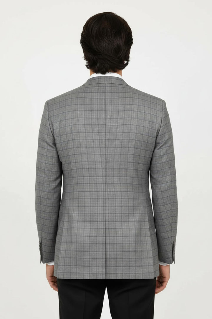 Slim Fit Sivri Yaka Ekose Gri Erkek Ceket - Wessi