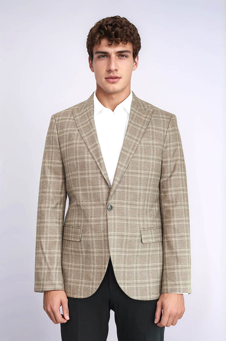 Slim Fit Sivri Yaka Ekose Taba Erkek Ceket - Wessi