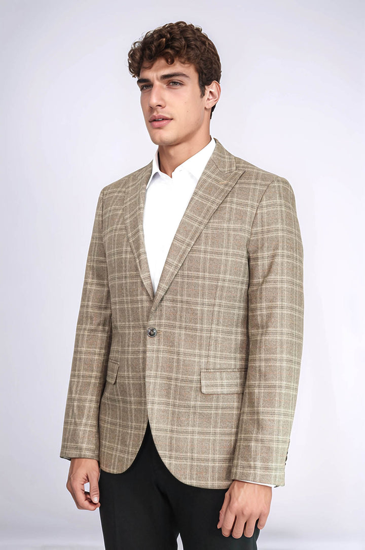 Slim Fit Sivri Yaka Ekose Taba Erkek Ceket - Wessi