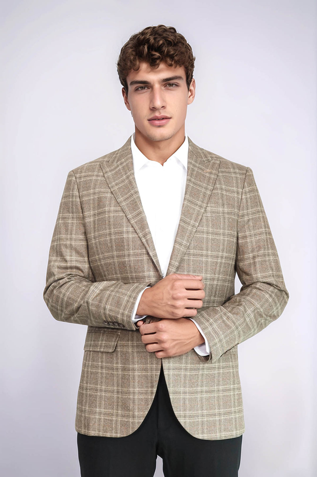 Slim Fit Sivri Yaka Ekose Taba Erkek Ceket - Wessi