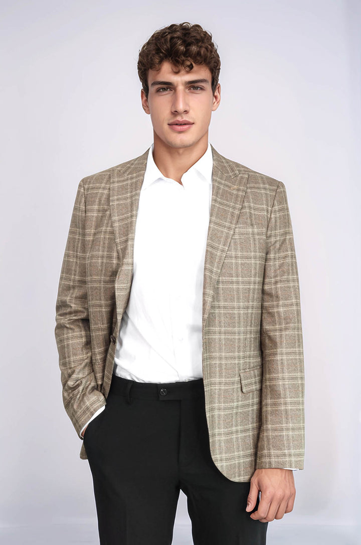 Slim Fit Sivri Yaka Ekose Taba Erkek Ceket - Wessi