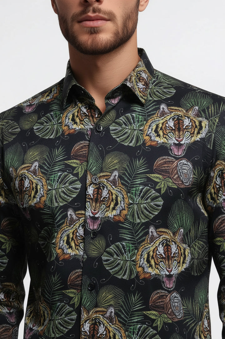 Sarı Siyah Yaprak Desenli Uzun Kollu Beyaz Erkek Gömlek - Wessi