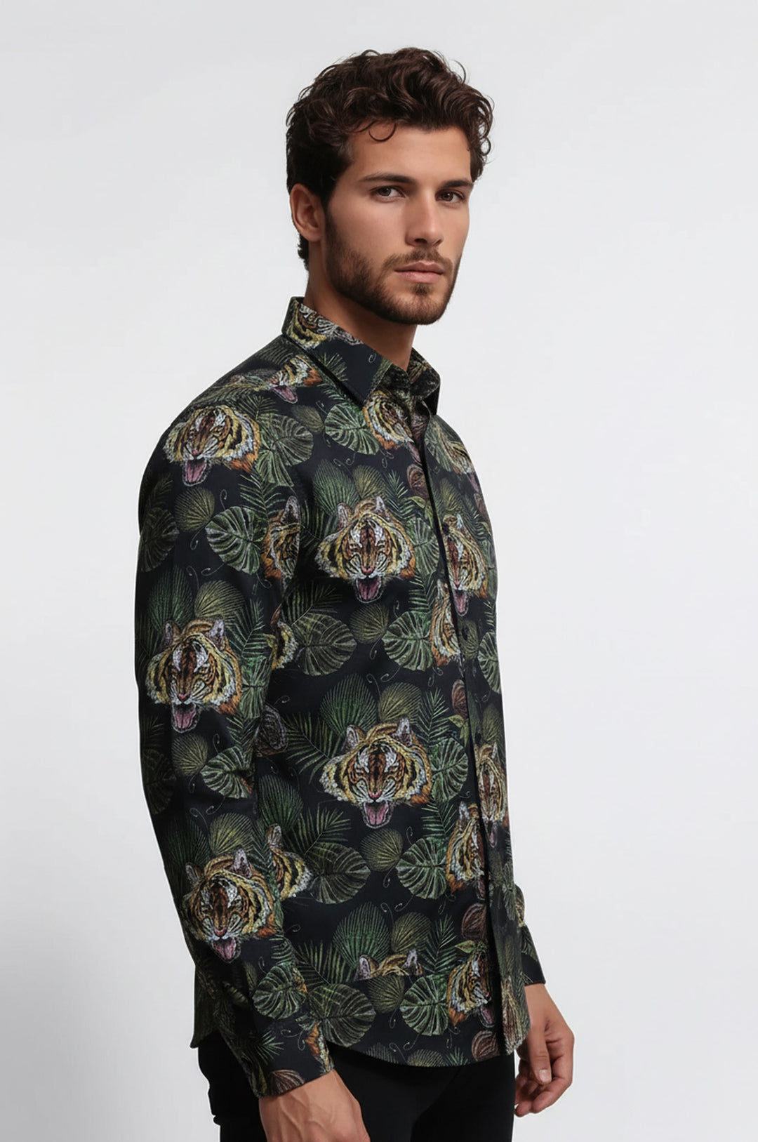 Sarı Siyah Yaprak Desenli Uzun Kollu Beyaz Erkek Gömlek - Wessi