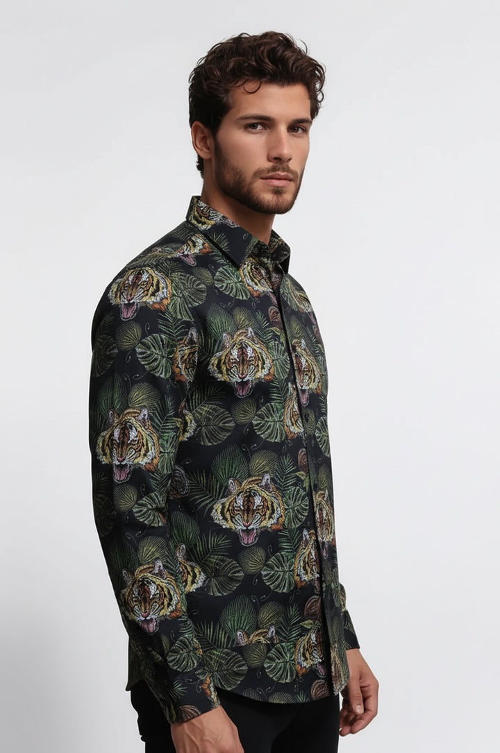 Sarı Siyah Yaprak Desenli Uzun Kollu Beyaz Erkek Gömlek - Wessi