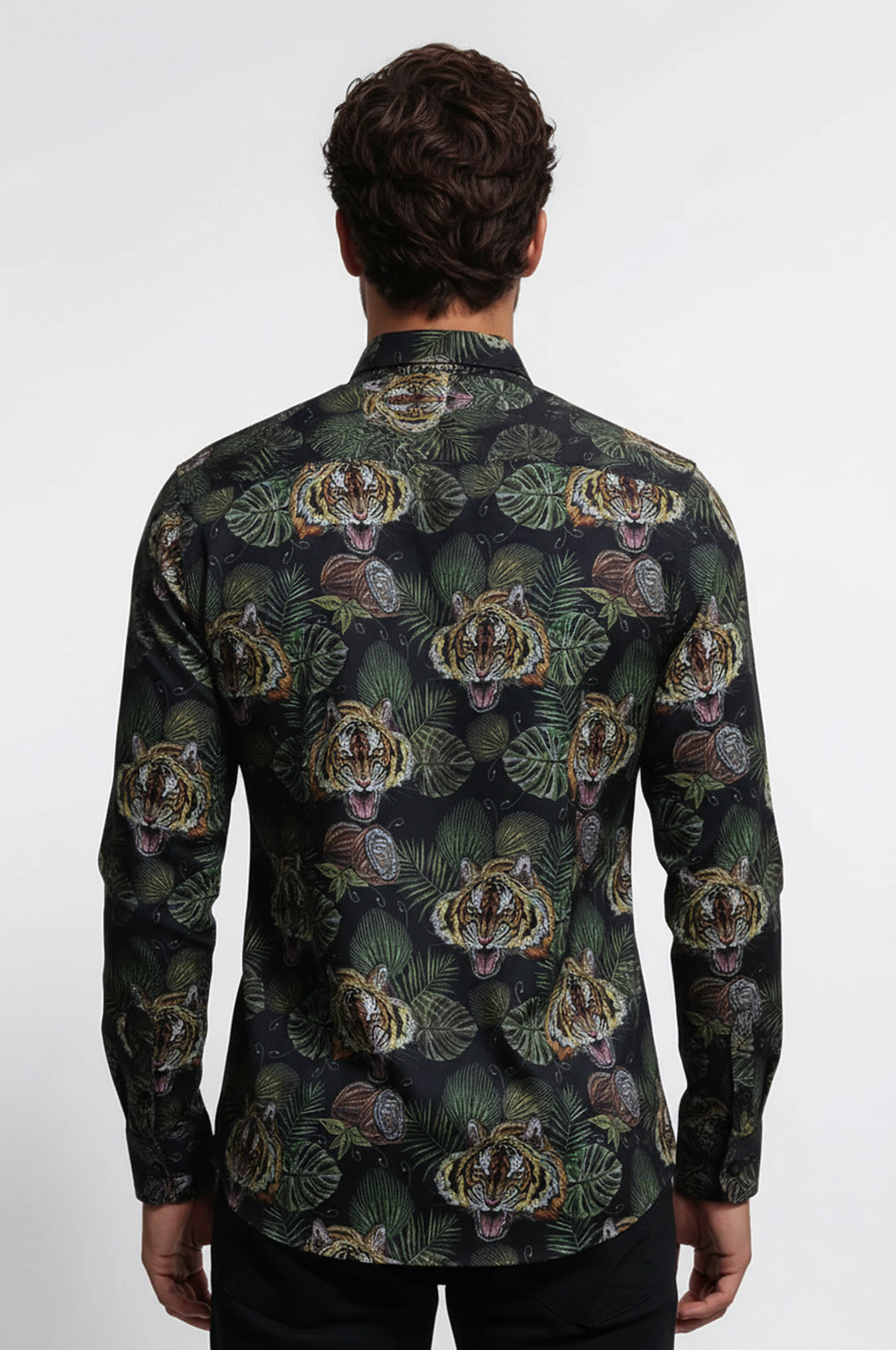 Sarı Siyah Yaprak Desenli Uzun Kollu Beyaz Erkek Gömlek - Wessi