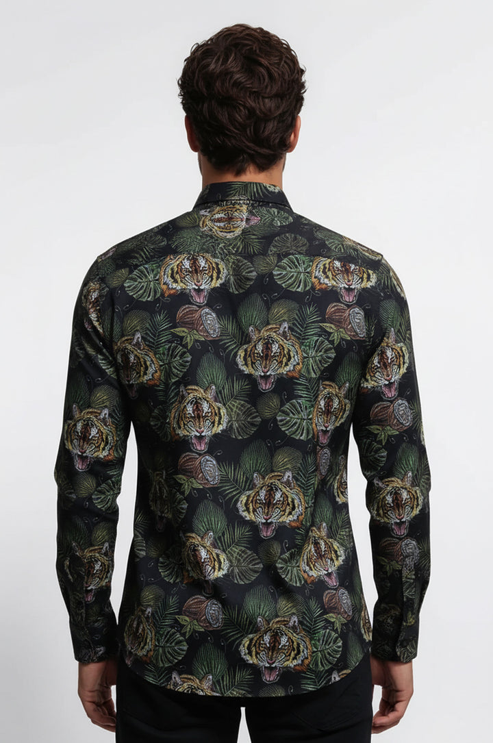 Sarı Siyah Yaprak Desenli Uzun Kollu Beyaz Erkek Gömlek - Wessi