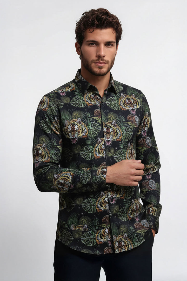 Sarı Siyah Yaprak Desenli Uzun Kollu Beyaz Erkek Gömlek - Wessi