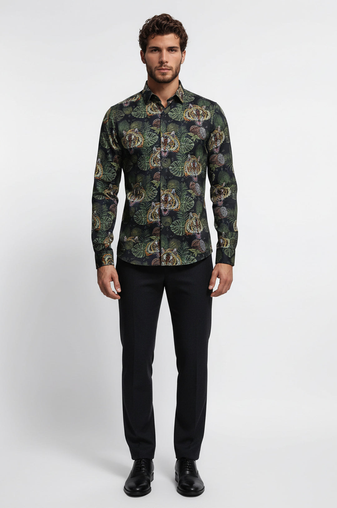 Sarı Siyah Yaprak Desenli Uzun Kollu Beyaz Erkek Gömlek - Wessi