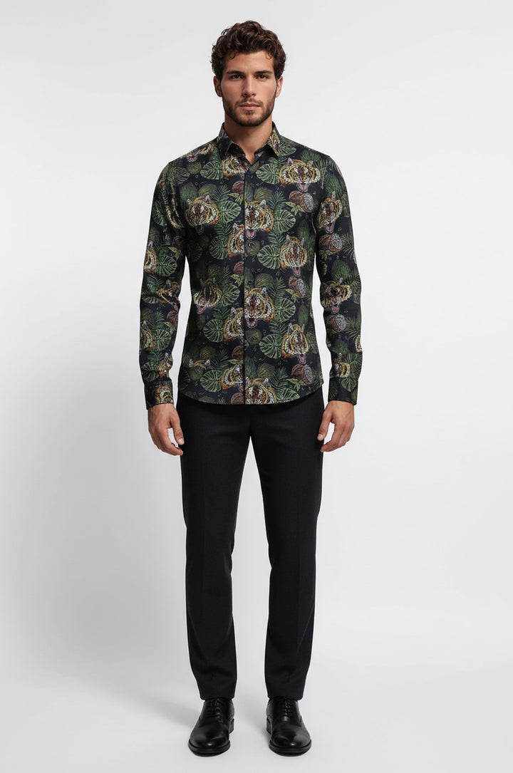 Sarı Siyah Yaprak Desenli Uzun Kollu Beyaz Erkek Gömlek - Wessi