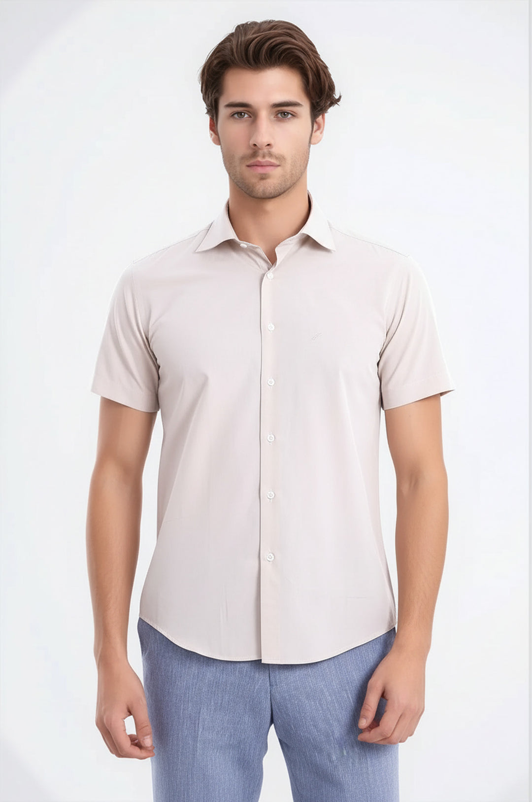 Kısa Kollu Terikoton Slim Fit Krem Erkek Gömlek - Wessi