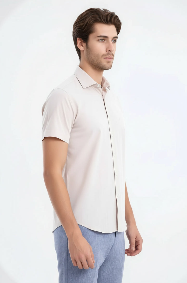 Kısa Kollu Terikoton Slim Fit Krem Erkek Gömlek - Wessi
