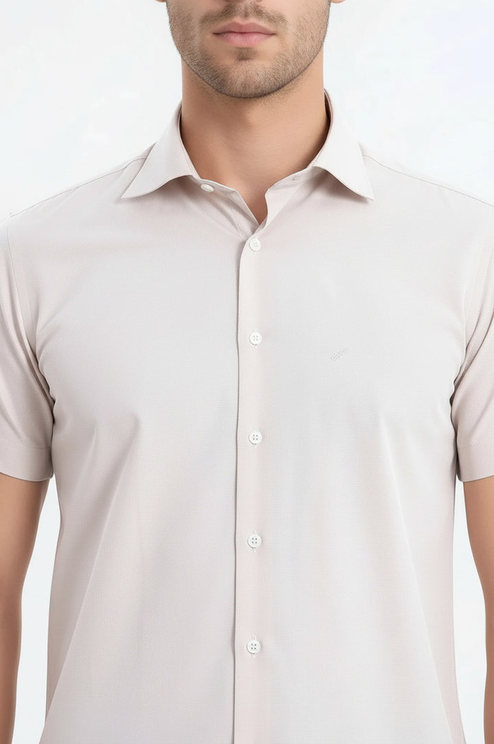 Kısa Kollu Terikoton Slim Fit Krem Erkek Gömlek - Wessi
