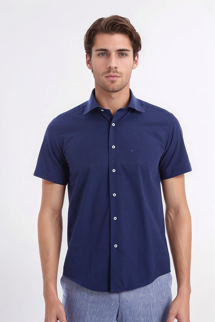 Kısa Kollu Terikoton Slim Fit Lacivert Erkek Gömlek - Wessi