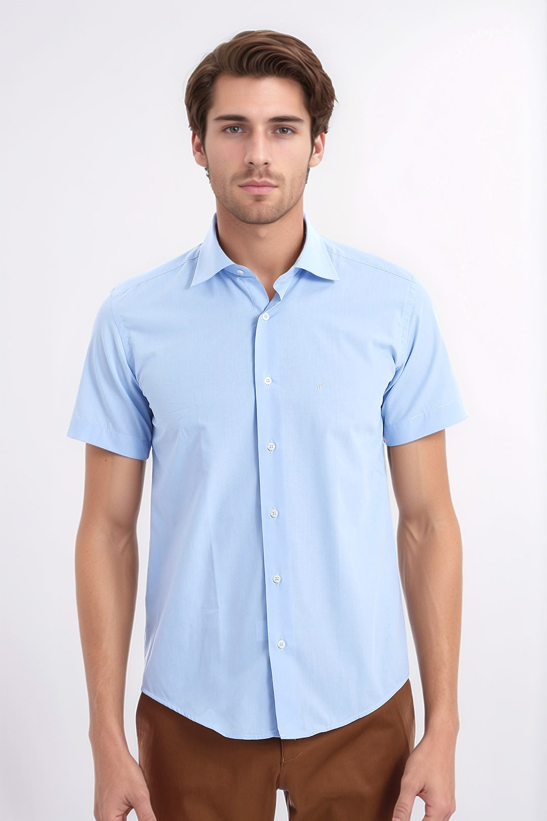 Slim Fit Kısa Kollu Terikoton Mavi Erkek Gömlek - Wessi