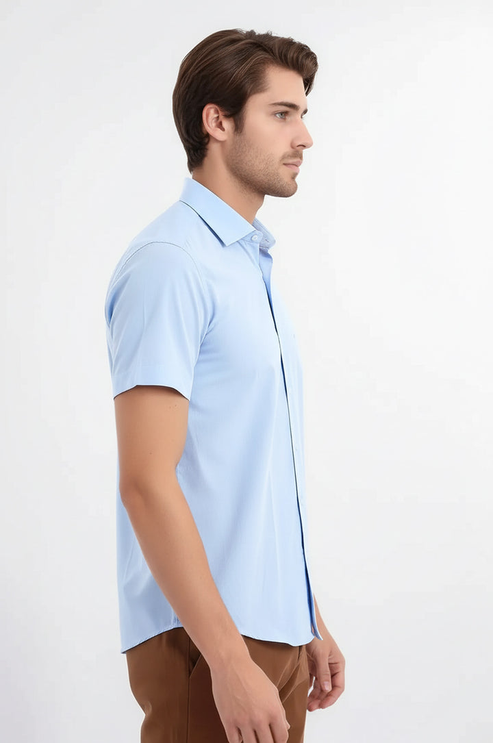 Slim Fit Kısa Kollu Terikoton Mavi Erkek Gömlek - Wessi