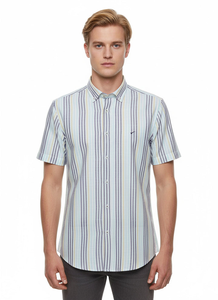 Çizgili Kısa Kollu Mavi Erkek Gömlek - Wessi