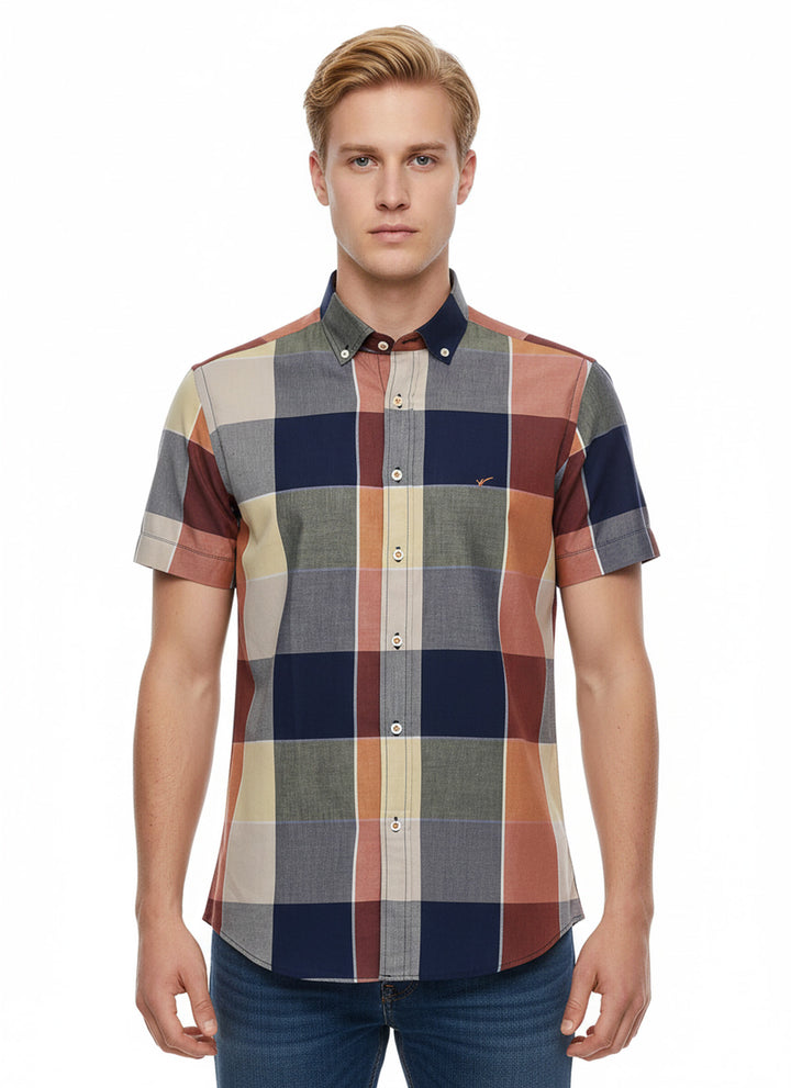 Ekose Desenli Pamuk Slim Fit Lacivert Erkek Gömlek - Wessi