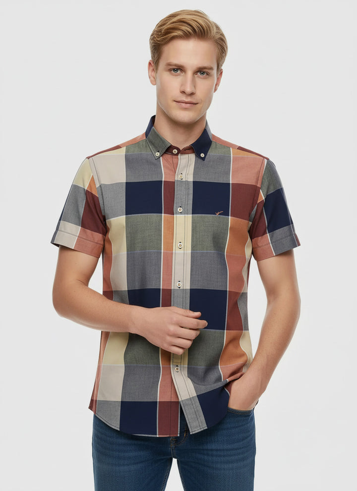 Ekose Desenli Pamuk Slim Fit Lacivert Erkek Gömlek - Wessi