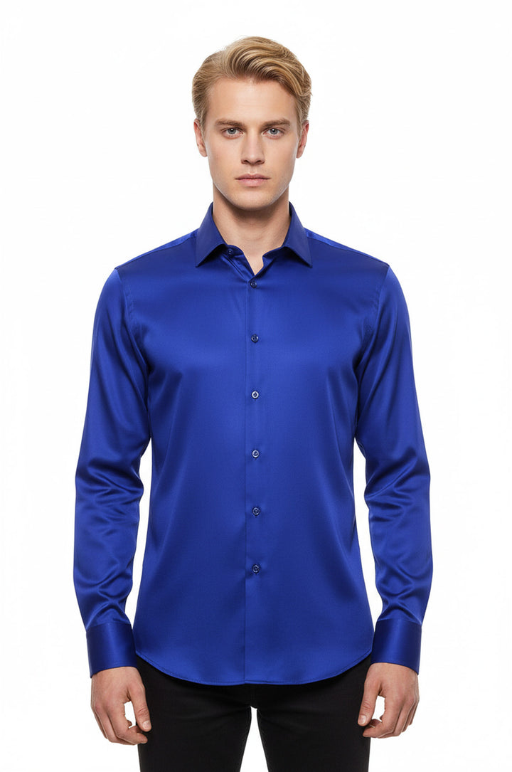 Parlak Mavi Saten Erkek Gömlek - Wessi