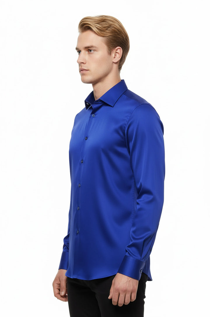 Parlak Mavi Saten Erkek Gömlek - Wessi