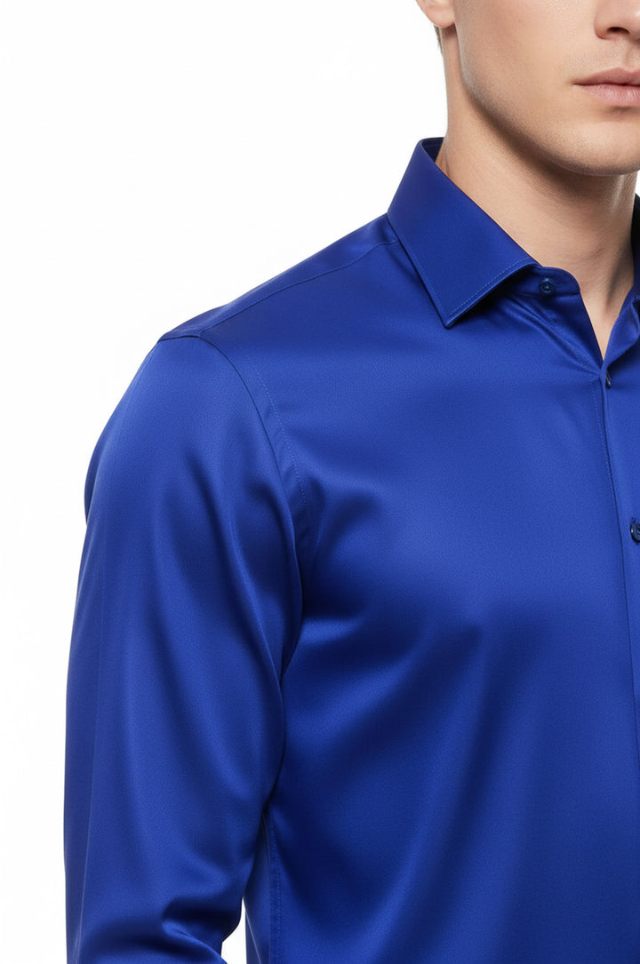 Parlak Mavi Saten Erkek Gömlek - Wessi