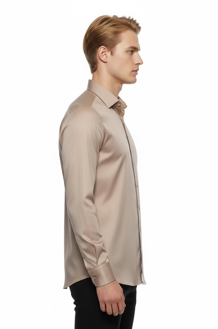 Pamuk Saten Uzun Kollu Düz Slim Fit Bej Erkek Gömlek - Wessi