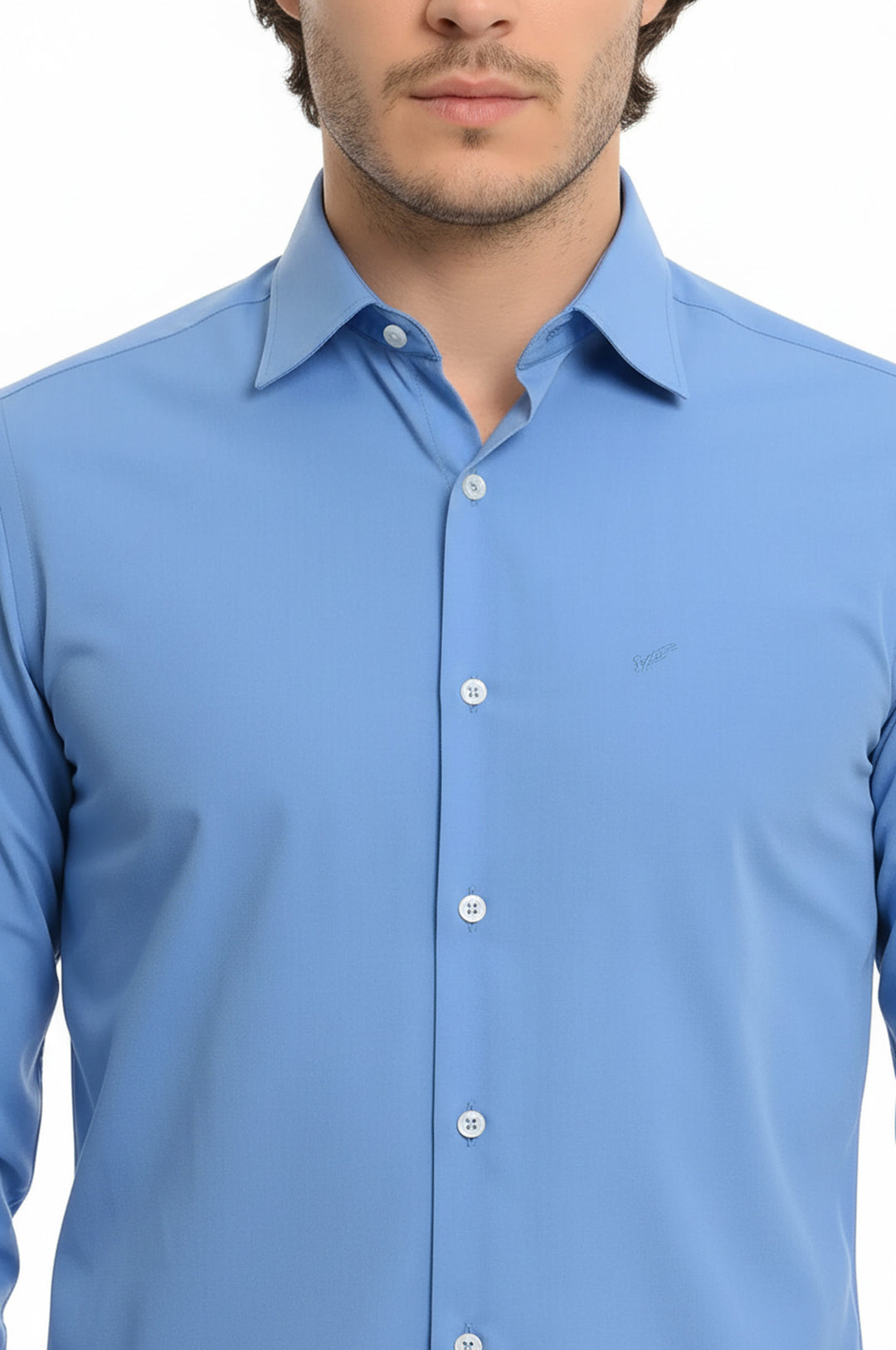Düz Erkek Pamuk Saten Mavi Gömlek - Wessi
