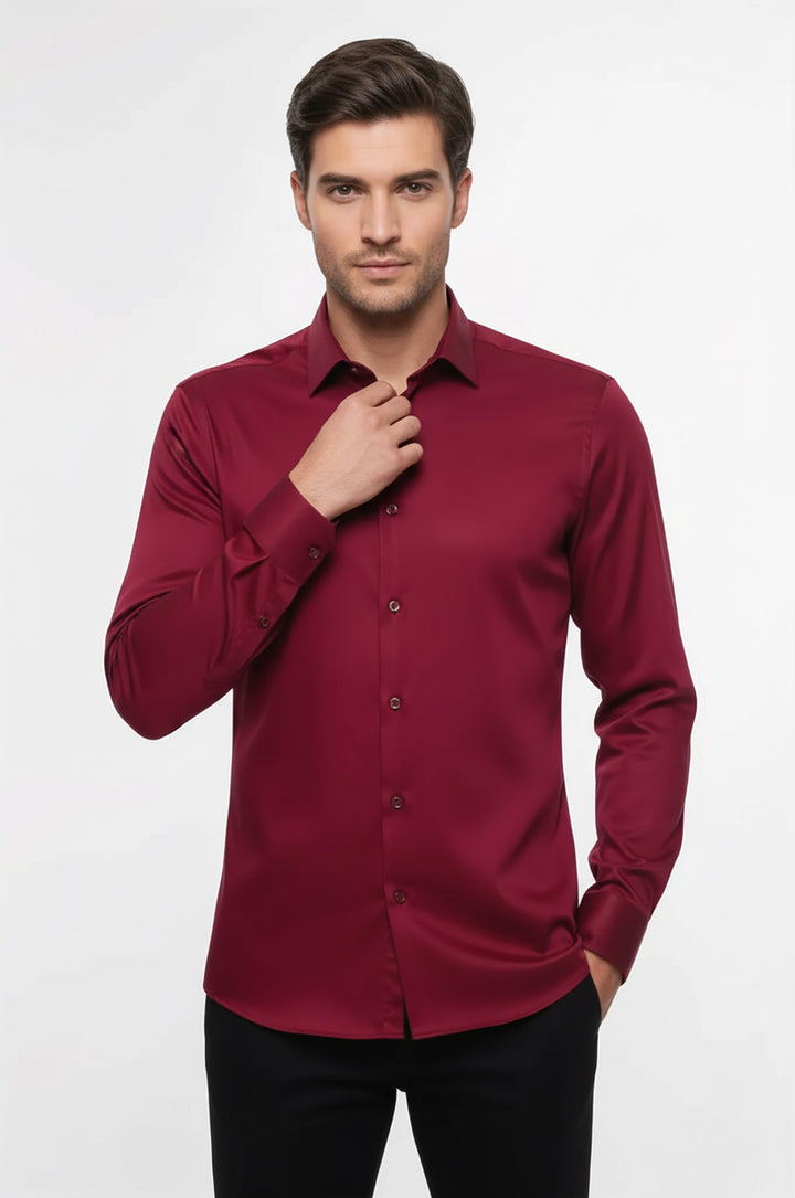Slimfit Uzun Kollu Bordo Erkek Gömlek - Wessi