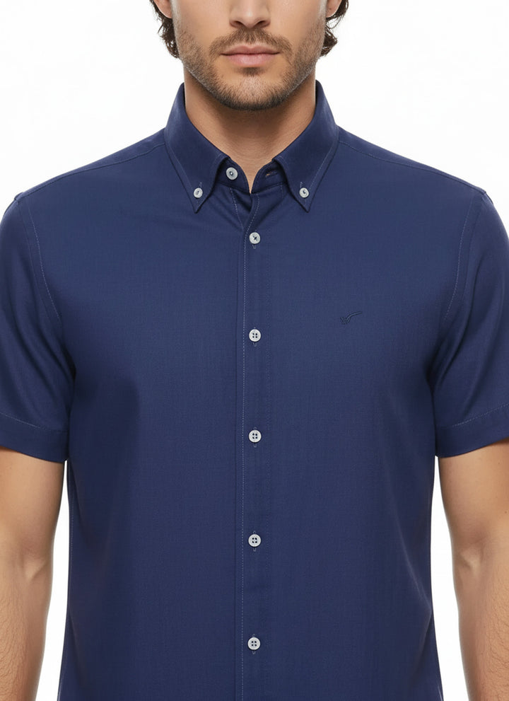 Keten Dokulu Kısa Kollu Lacivert Erkek Gömlek - Wessi