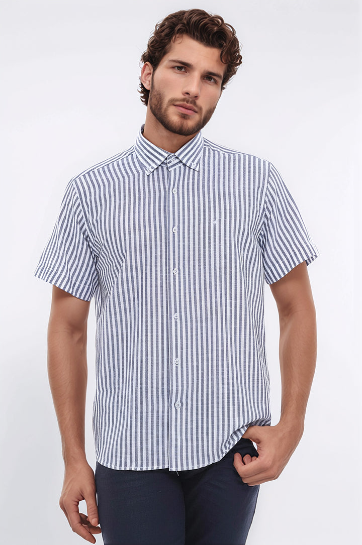 Normal Kesim Çizgili Kısa Kollu Beyaz Gömlek - Wessi