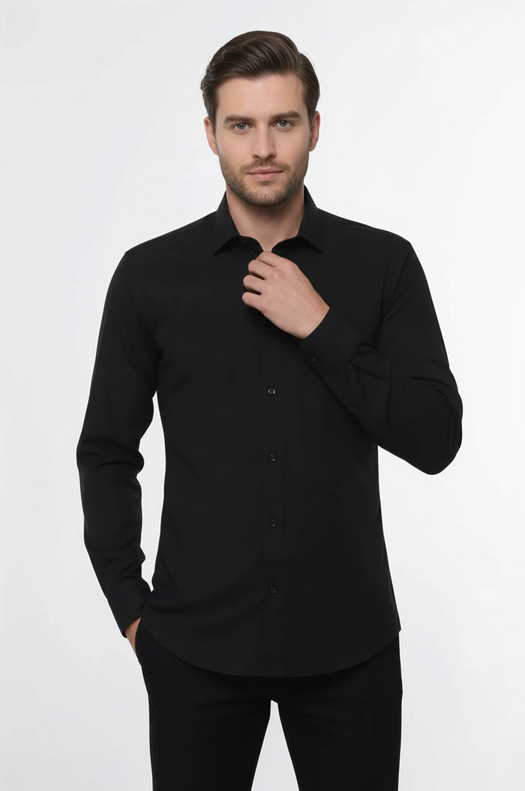 Düz Uzun Kol Regular Fit Siyah Erkek Gömlek - Wessi
