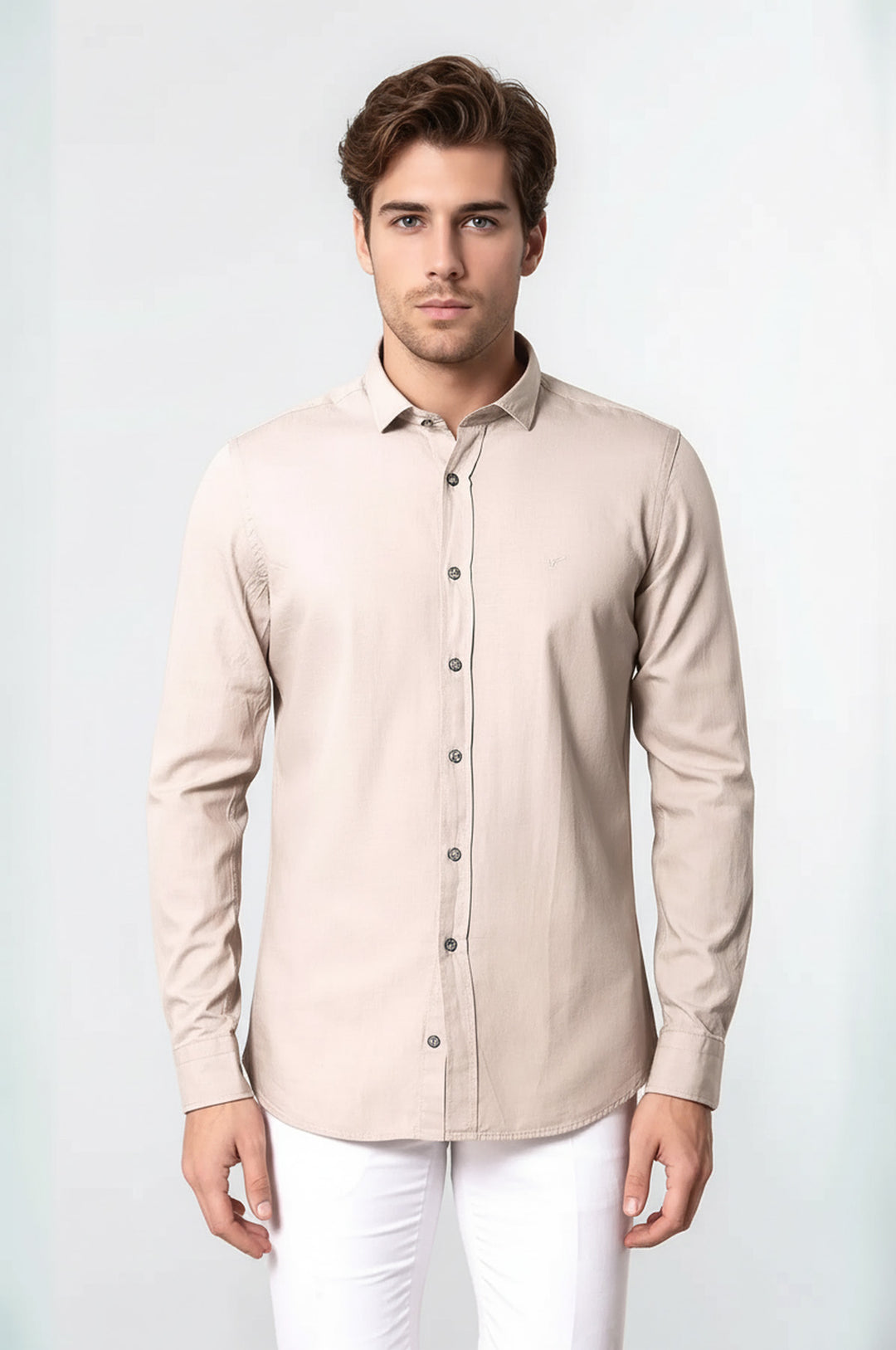 Pamuk Slimfit Armürlü Bej Gömlek - Wessi