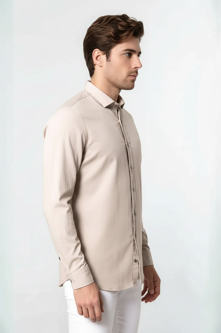 Pamuk Slimfit Armürlü Bej Gömlek - Wessi