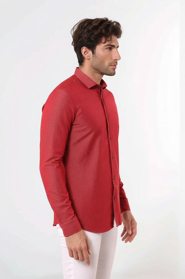 Desenli Pamuklu Slim Fit Bordo Gömlek - Wessi