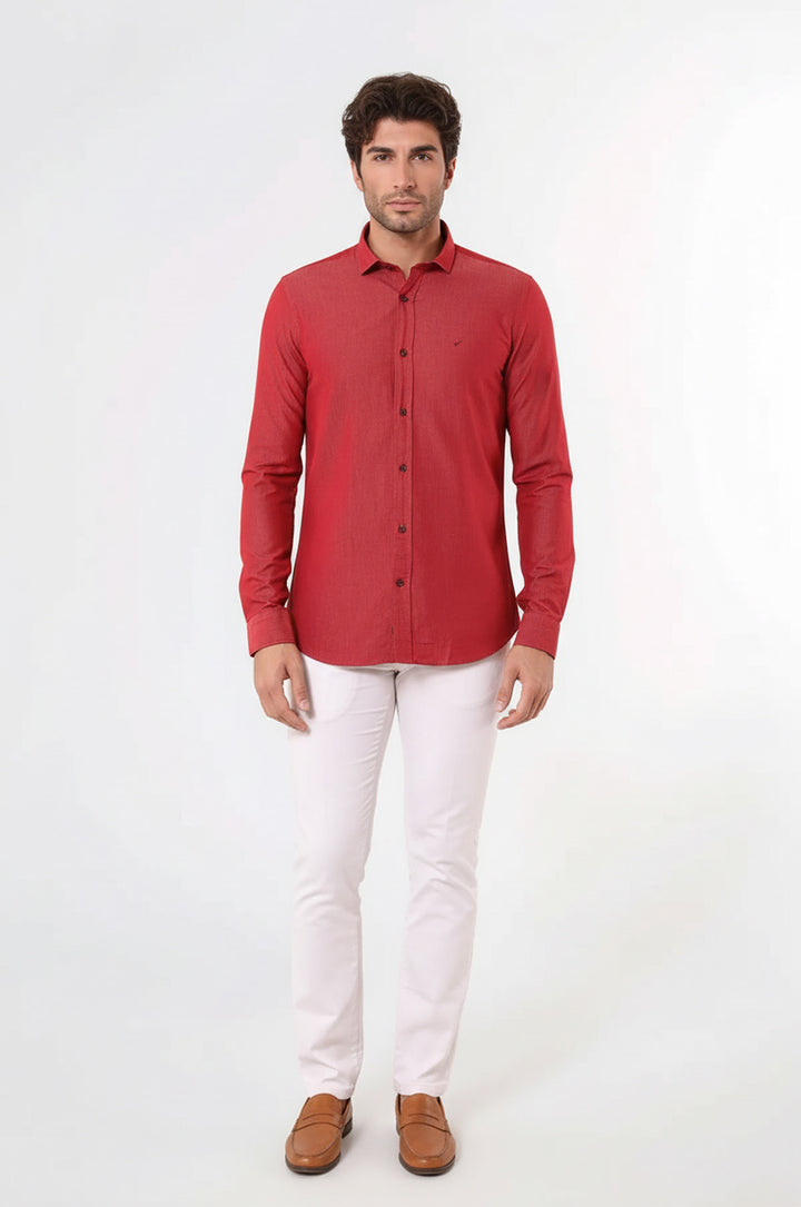 Desenli Pamuklu Slim Fit Bordo Gömlek - Wessi