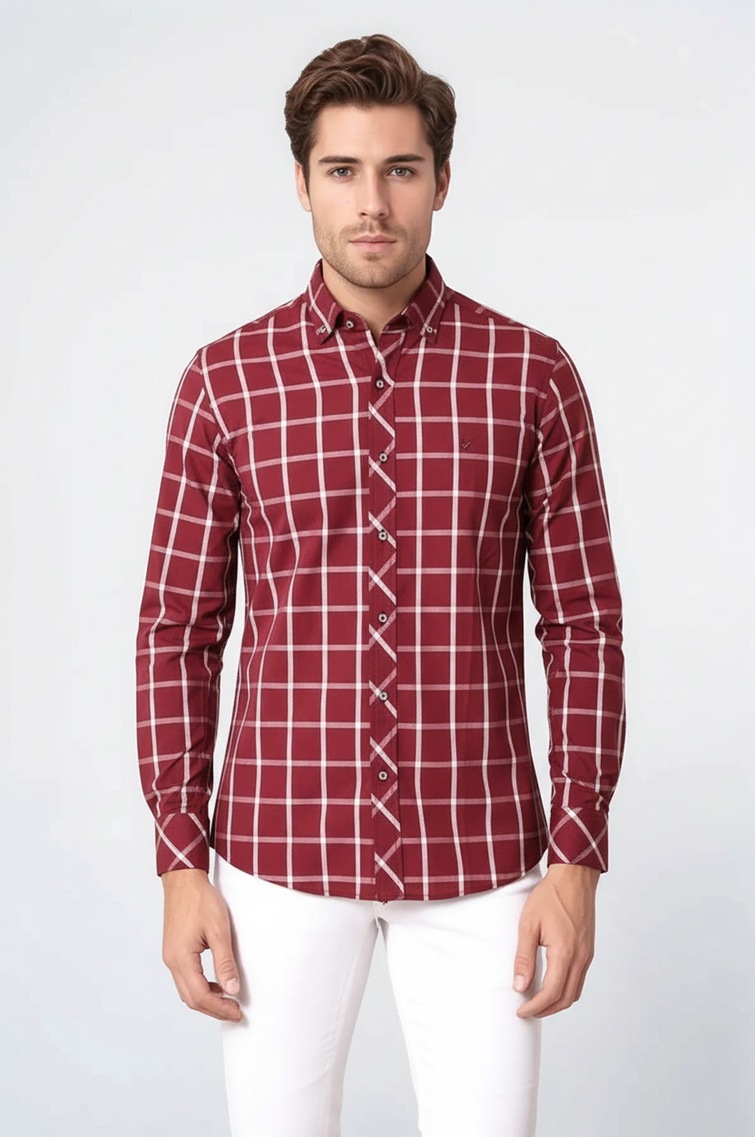 Ekoseli Slimfit Bordo Gömlek - Wessi