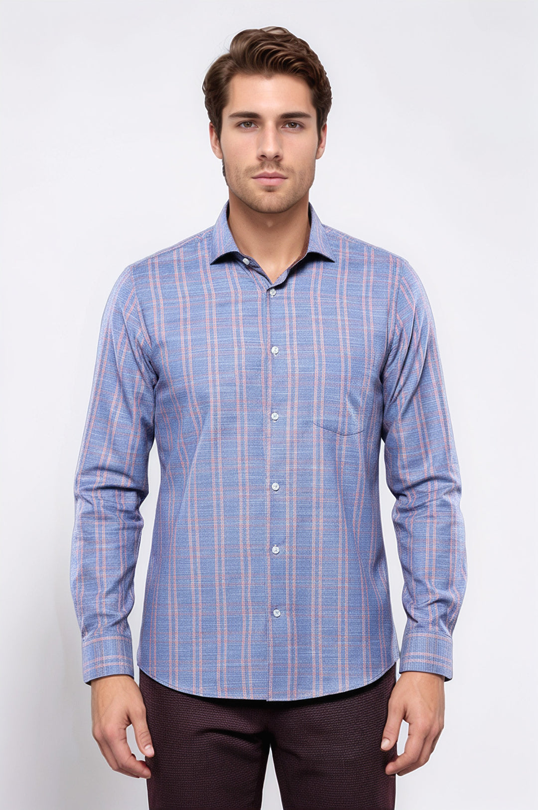 Ekose Desen Mavi Uzun Kollu Gömlek | Wessi