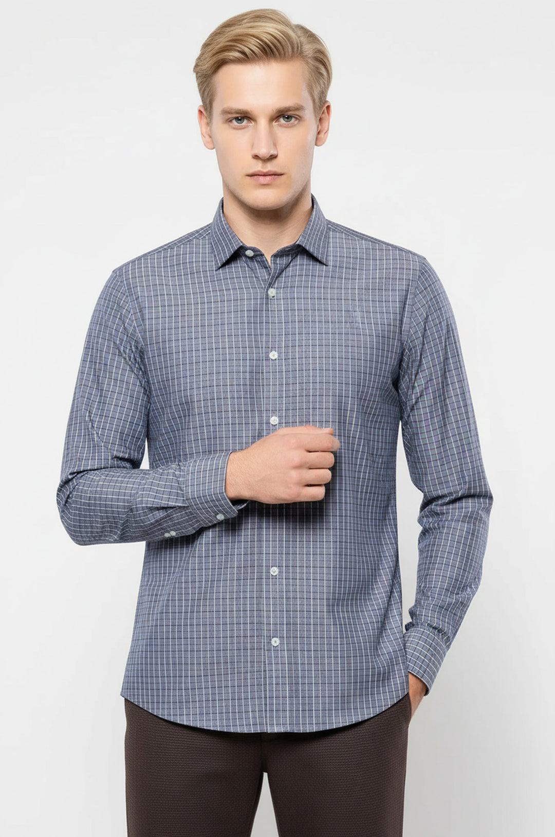 Kare Desen Gri Uzun Kollu Gömlek | Wessi