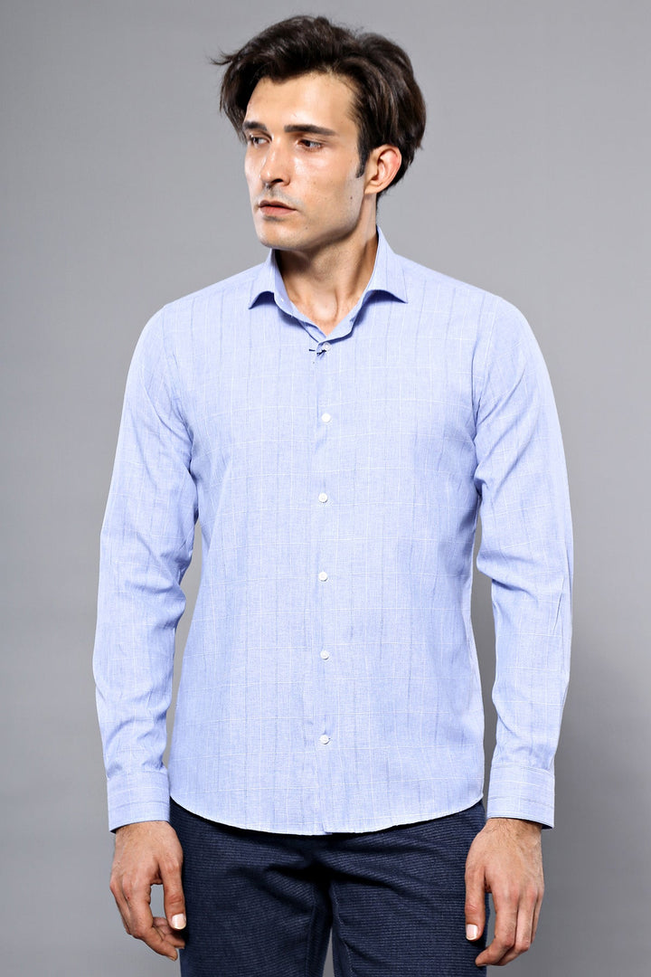 Ekose Desen Mavi Uzun Kollu Gömlek | Wessi