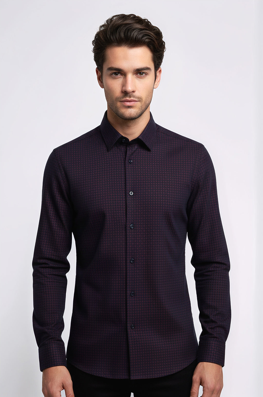 Kaz Ayağı Desenli Slim Fit Bordo Erkek Gömlek - Wessi