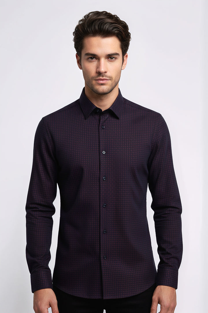 Kaz Ayağı Desenli Slim Fit Bordo Erkek Gömlek - Wessi