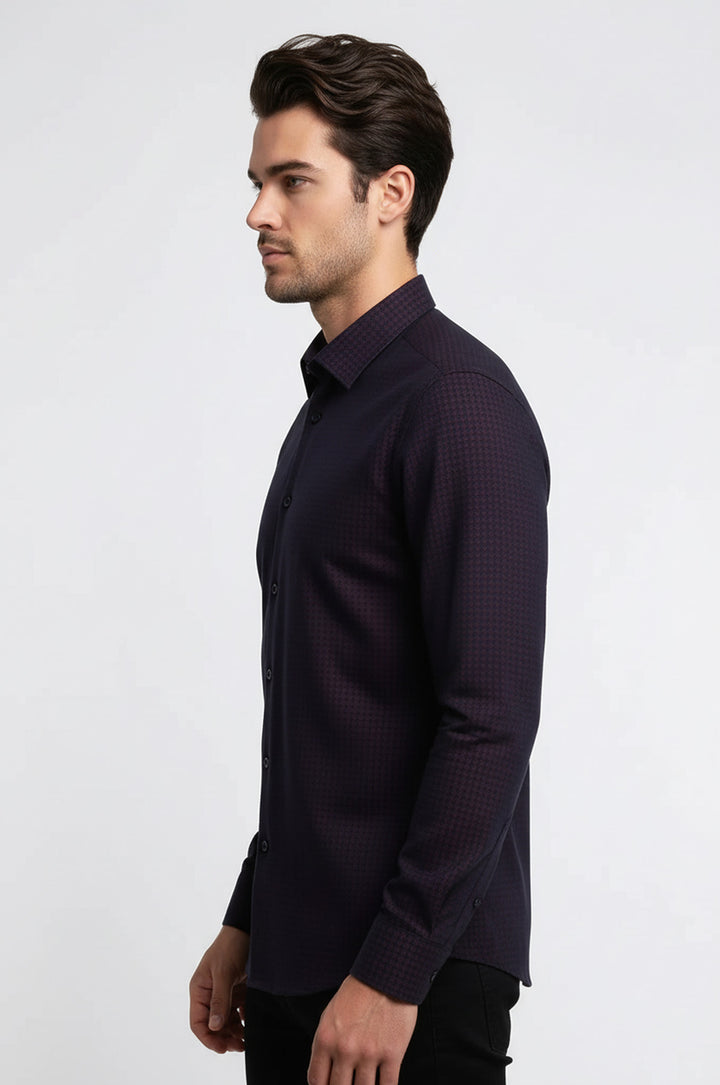 Kaz Ayağı Desenli Slim Fit Bordo Erkek Gömlek - Wessi